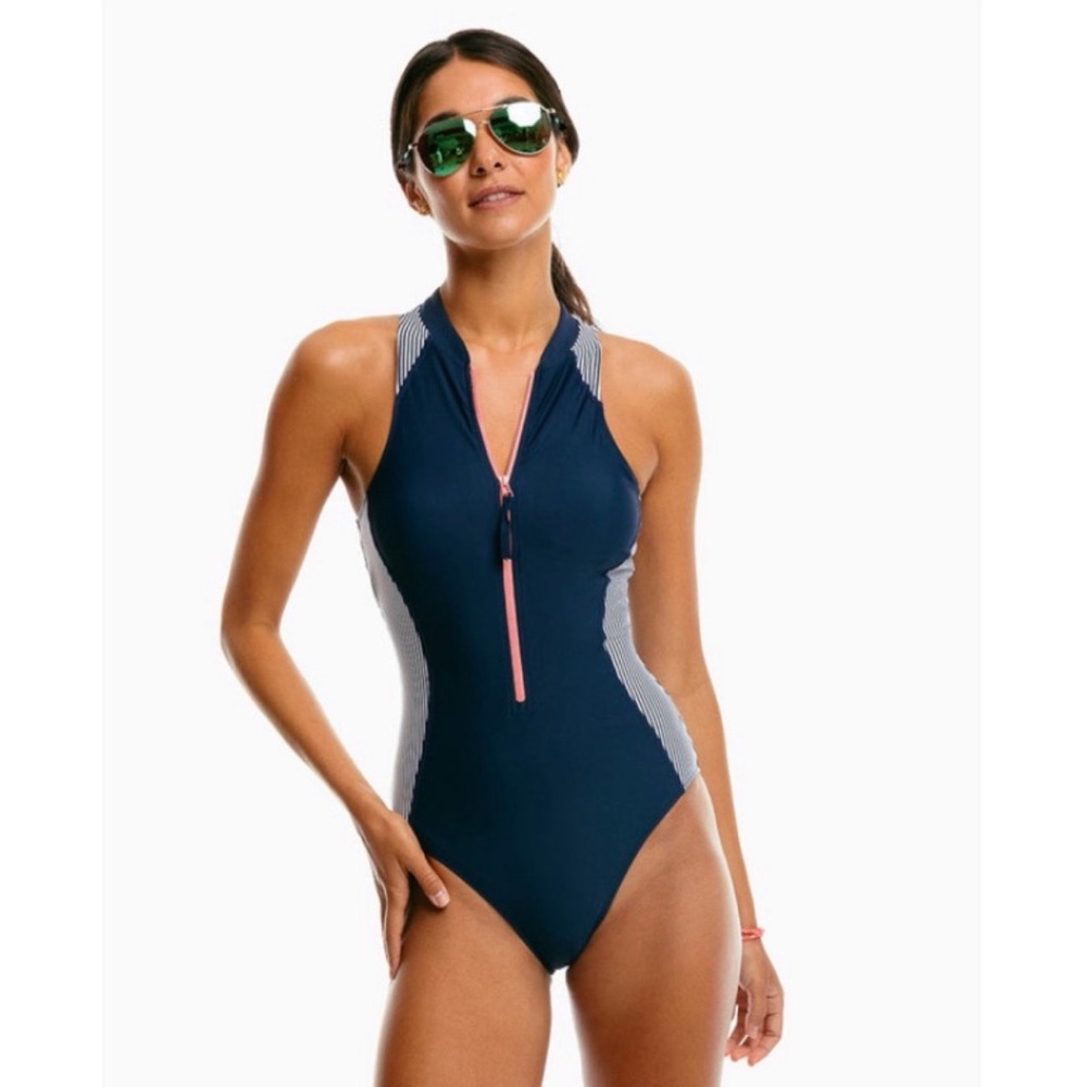 Southern Tide True Navy Seersucker Zip Front One Piece Swimsuit